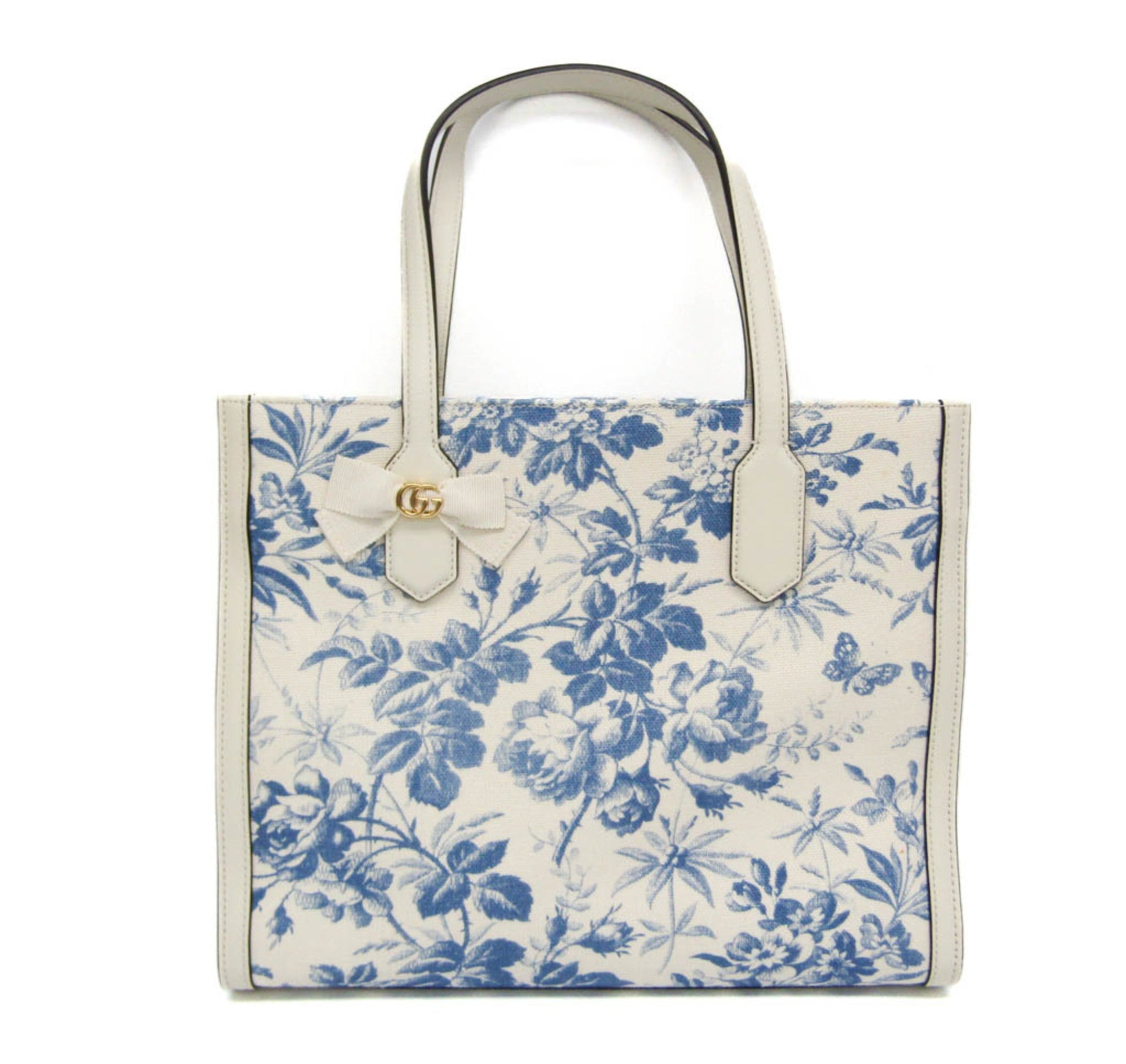 Gucci GG Ribbon Herbarium 432684 Women's Canvas,Leather Tote Bag Blue,Off-white-0