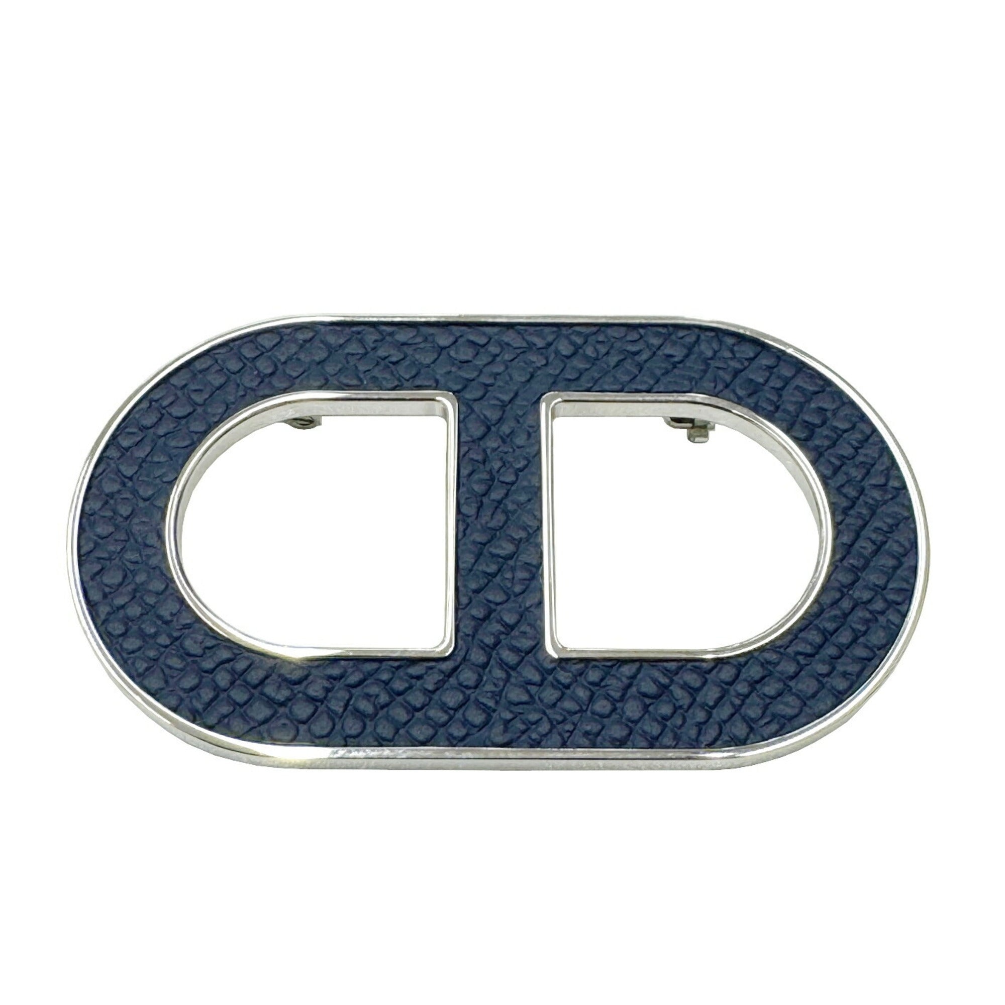 HERMES Chaine d'Ancre Brooch Badge Epson Navy Leather Metal Men's Women's-0
