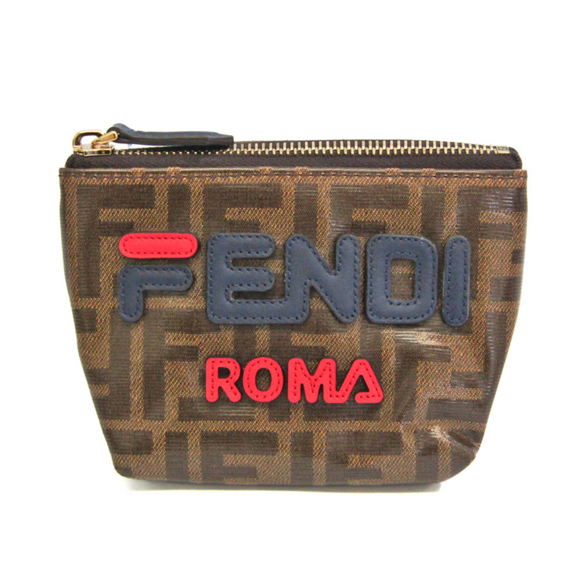 Fendi Zucca FILA Collaboration 7N0097 Women's Leather,Coated Canvas Pouch Brown,Navy,Red Color-0