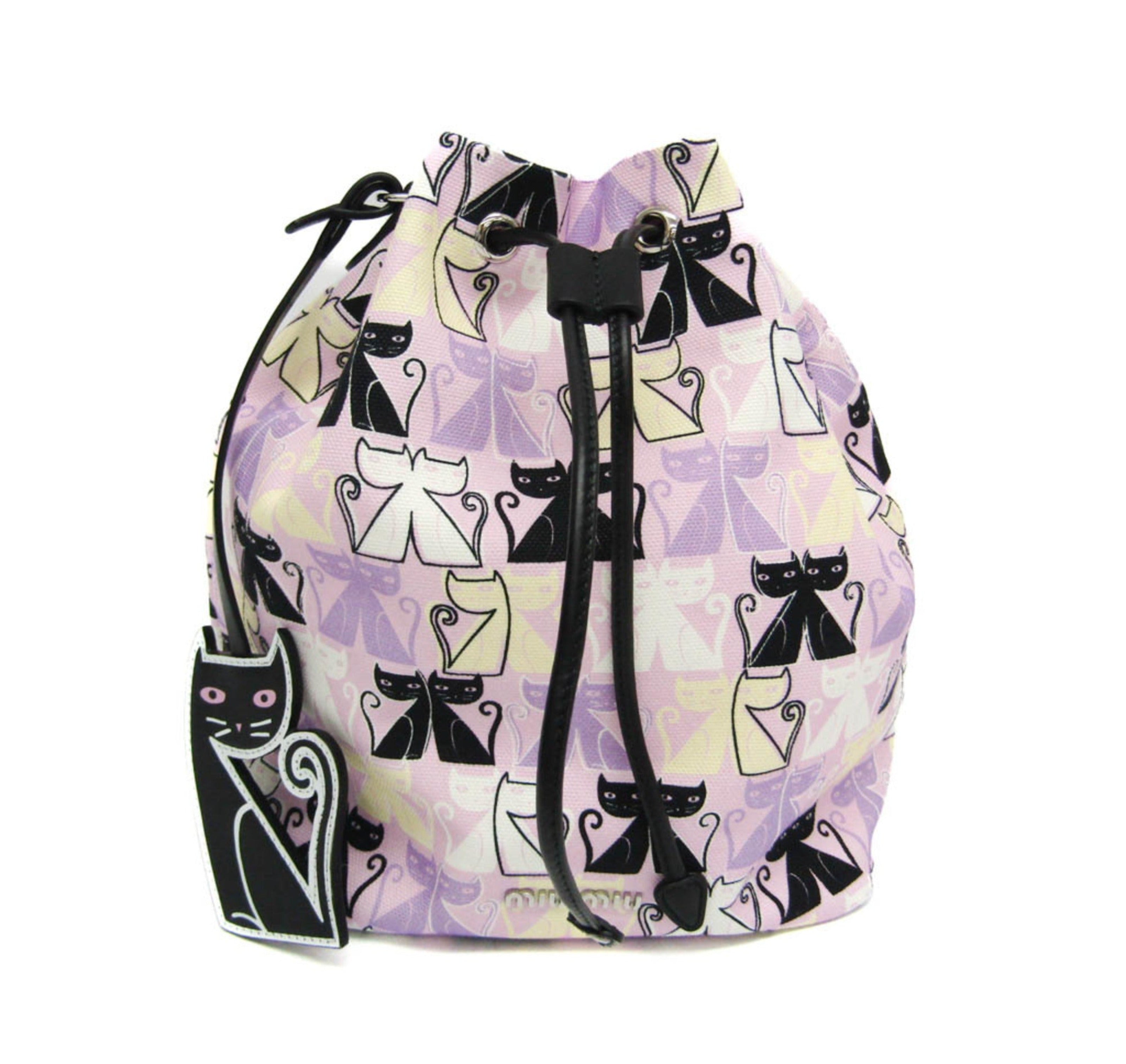 Miu Miu CANAPA CATS Drawstring Bag 5RM014 Women's Leather,Cotton Pouch Black,Light Purple,Multi-color-0