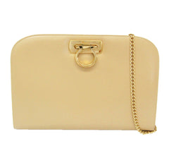 Salvatore Ferragamo Gancini Chain 0587 Women's Leather Shoulder Bag Beige-0