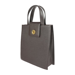 BVLGARI TOTE BAG LEATHER DARK BROWN HANDBAG SQUARE TURNLOCK