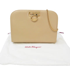 Salvatore Ferragamo Gancini Chain 0587 Women's Leather Shoulder Bag Beige-12