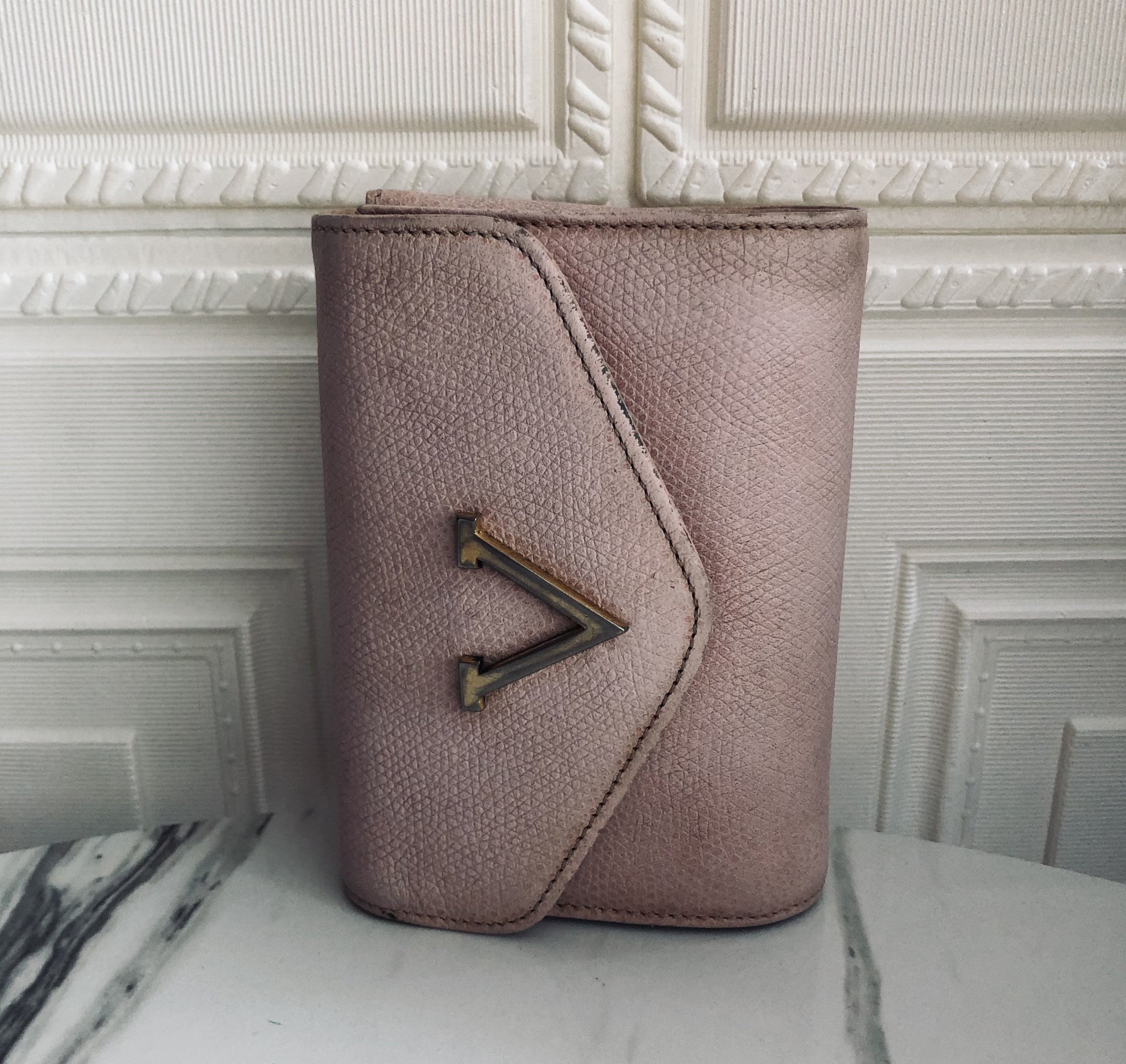 Louis Vuitton Damier Ebene Long Wallet -Crossbody with Pink Floral Appliques